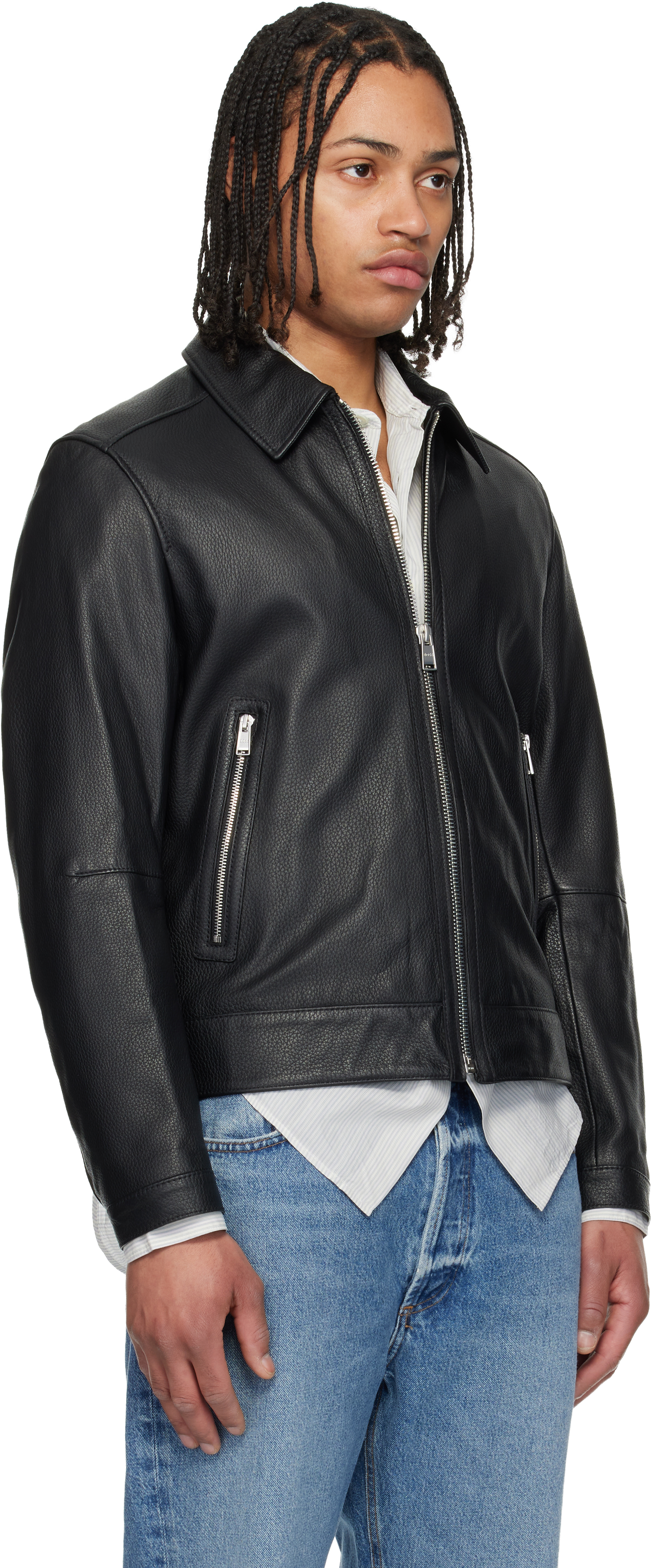 Black Regular Fit Leather Jacket