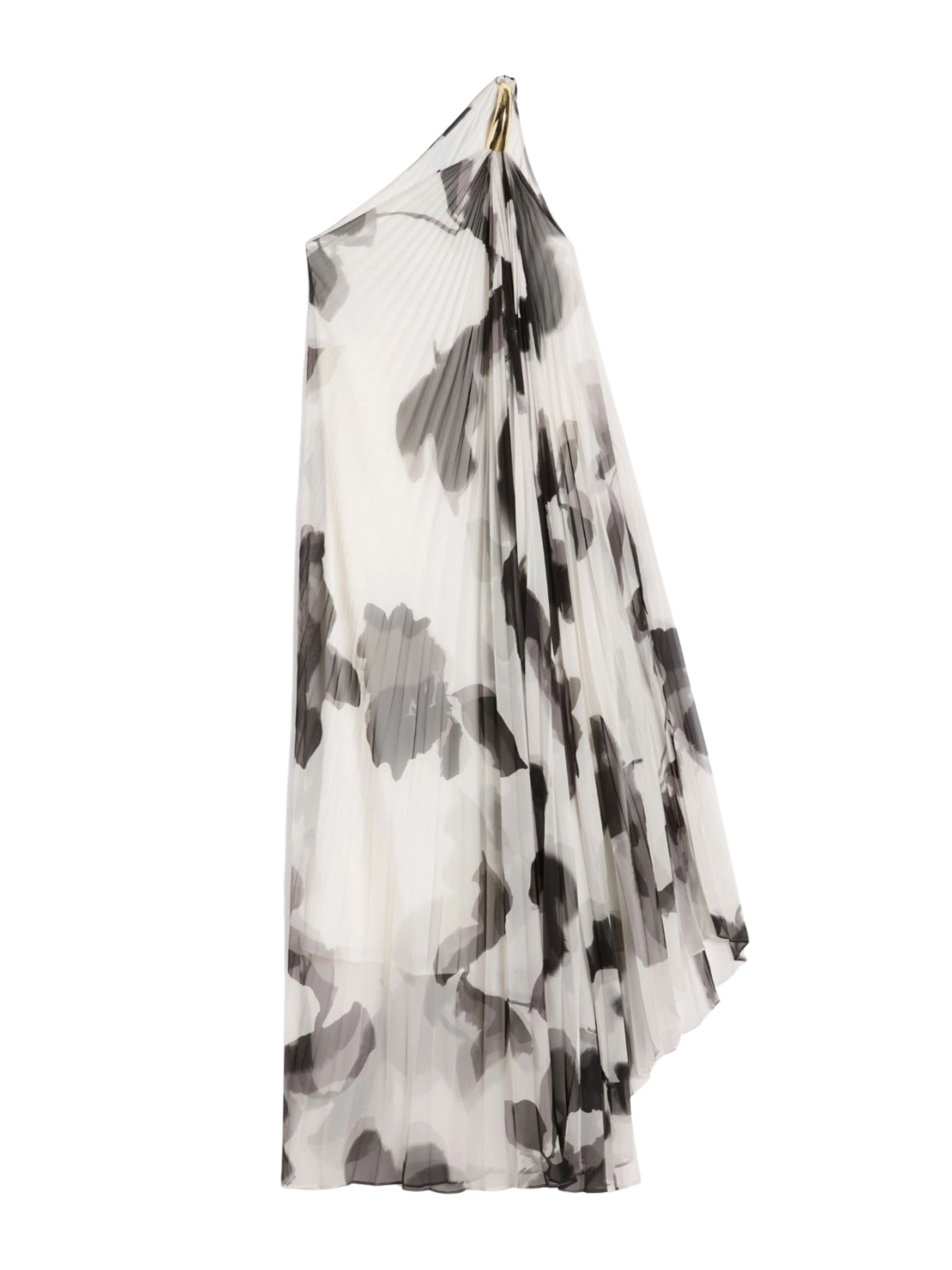 Chiffon Dress with an All-over PrintAsymmetrical Neckline with Metal Detail on the Left Shoulder