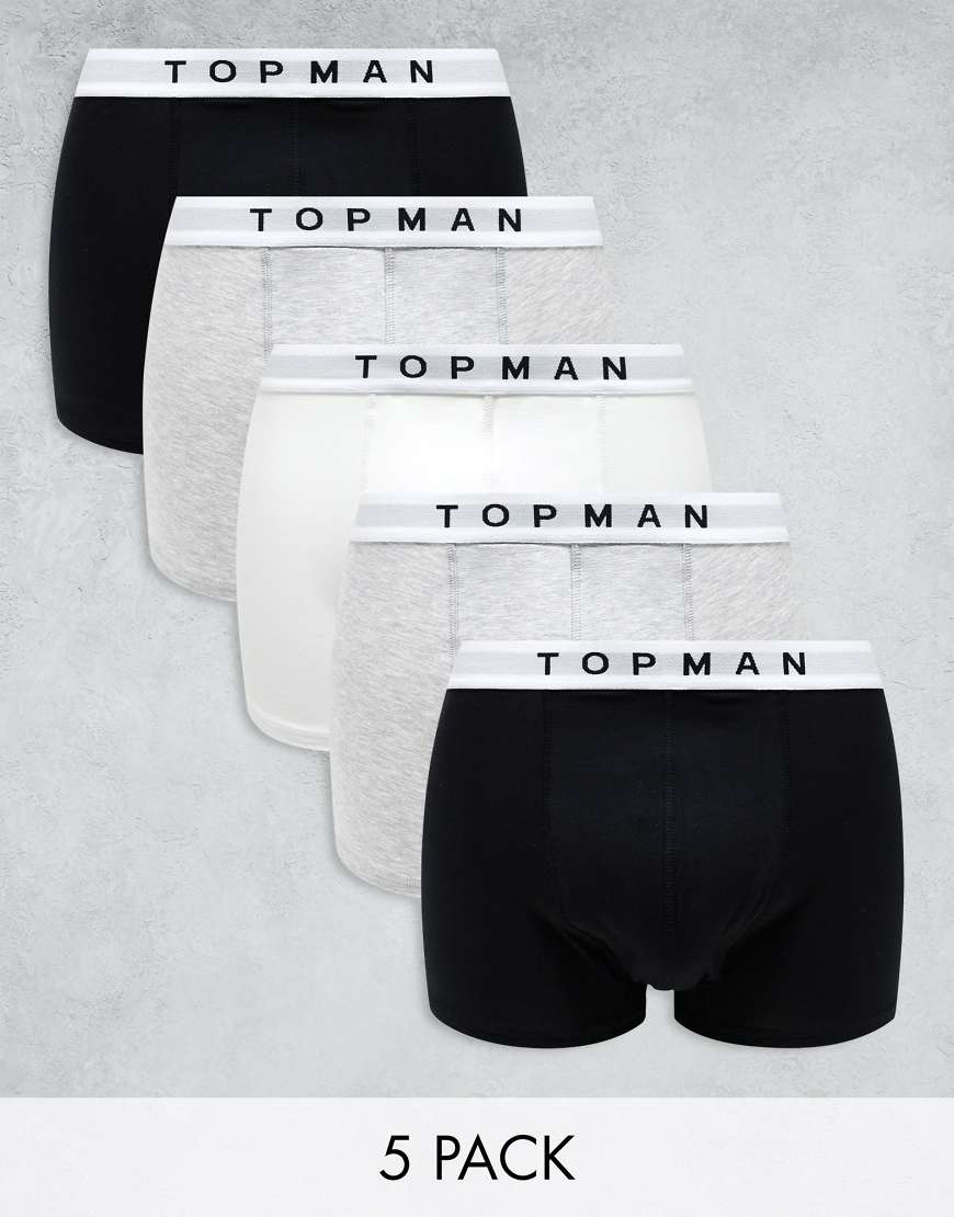 Topman 5 pack trunks in black, grey marl and white with white waistbands-Multi