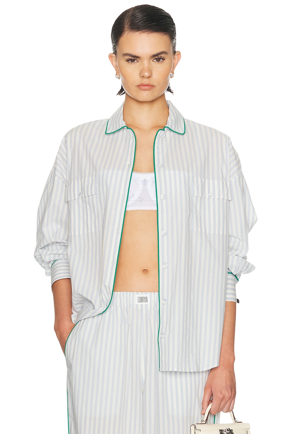 LUNYA Airy Cotton Piped Button Down Shirt in Stillwater Stripe & Spring Clover - White,Baby Blue. L also in M
