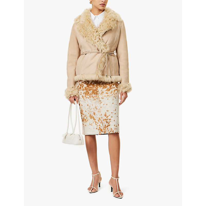 Womens Light Beige Moss Shearling-trim Suede Jacket 