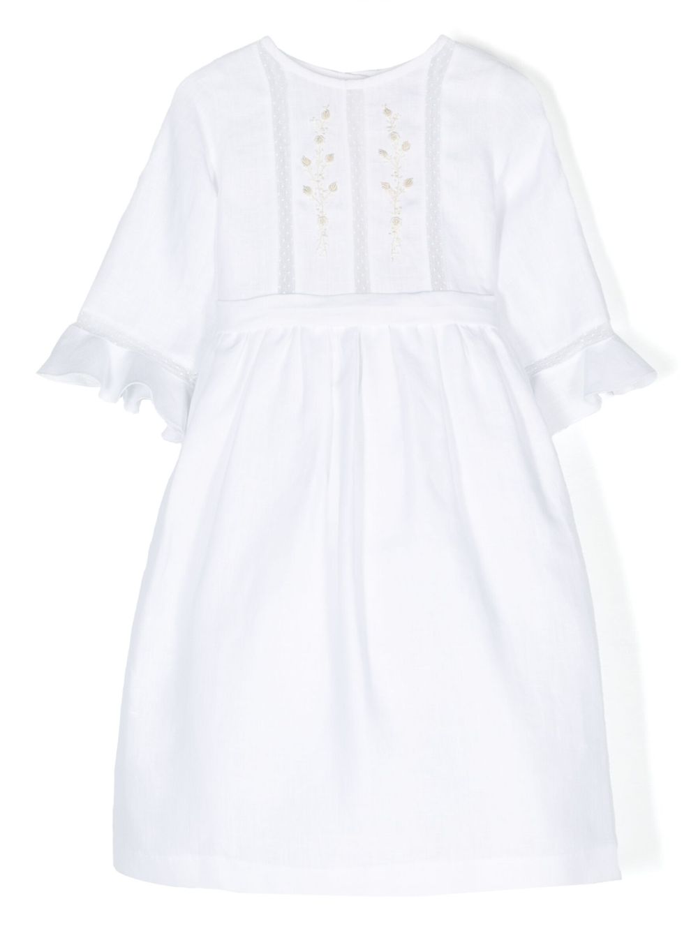Floral-embroidery linen dress - White