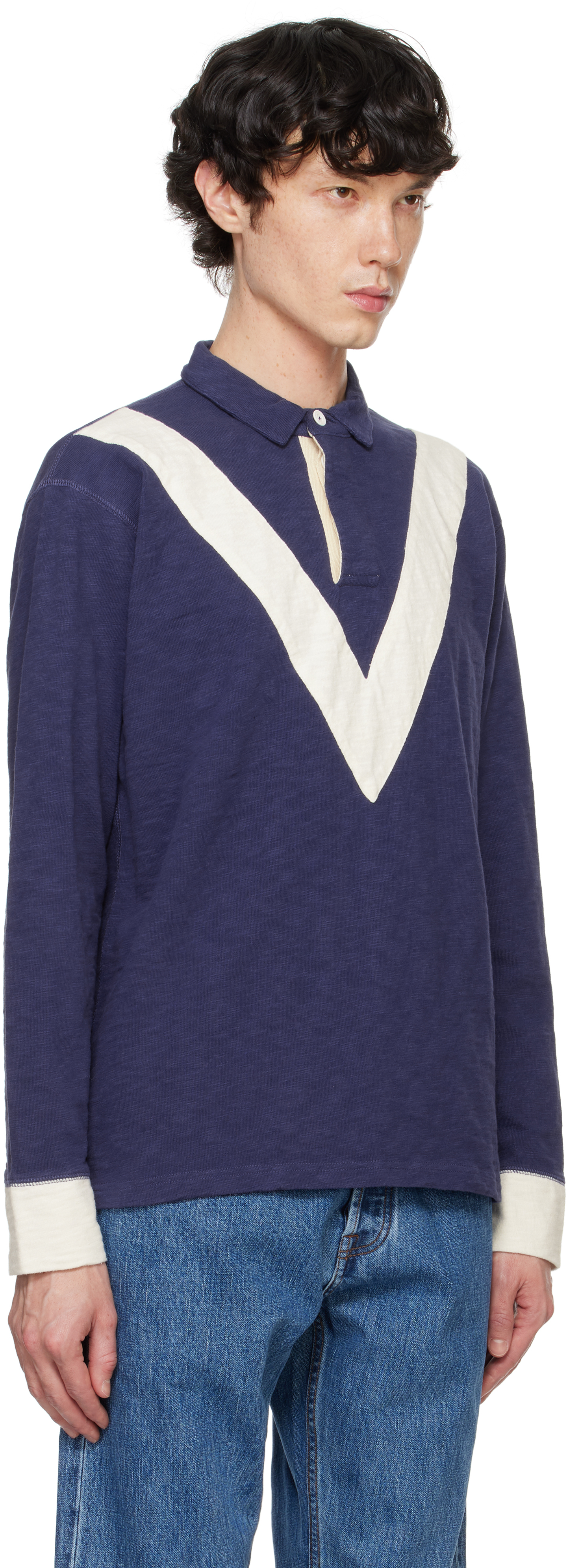 Drake's Navy Chevron Cotton Rugby Shirt