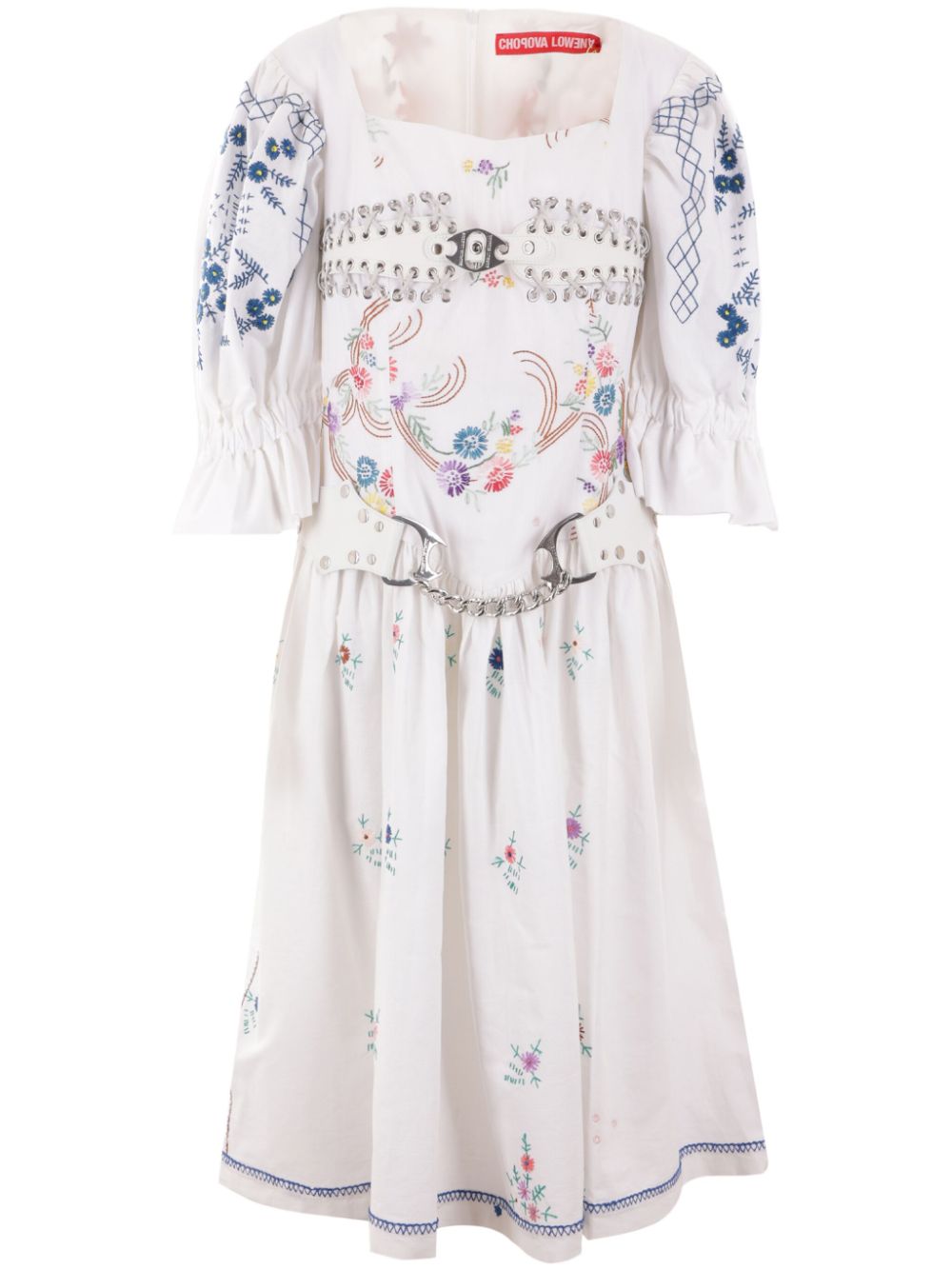 Floral-embroidery cotton dress - White
