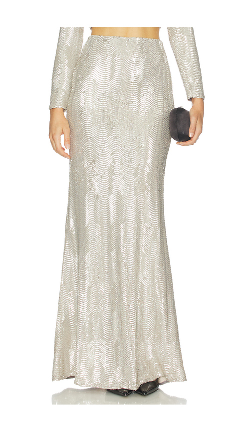 L'AGENCE Sequin Zeta Long Skirt in Silver Sequin Swirl. 8 also , 10, 12