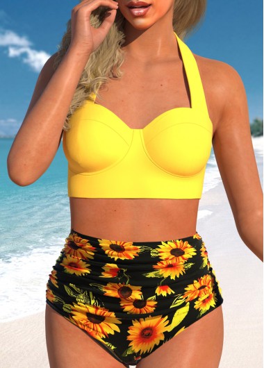 Modlily High Waist Halter Cutout Back Printed Bikini Set