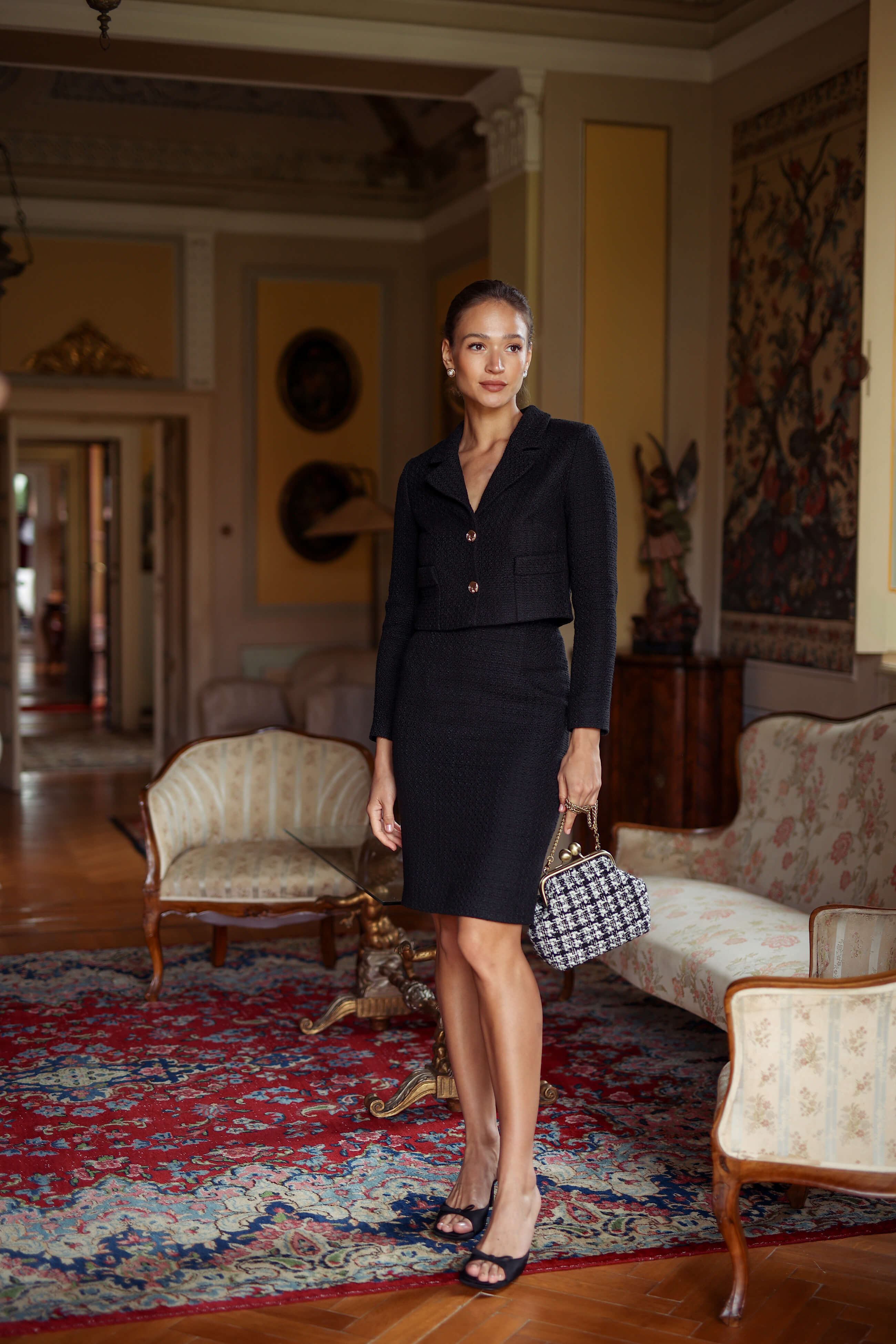 Black Tweed Midi Skirt Madina Crafted from Soft Upcycled Wool Tweed Designed with a Concealed Zipper & High Rise Fit
