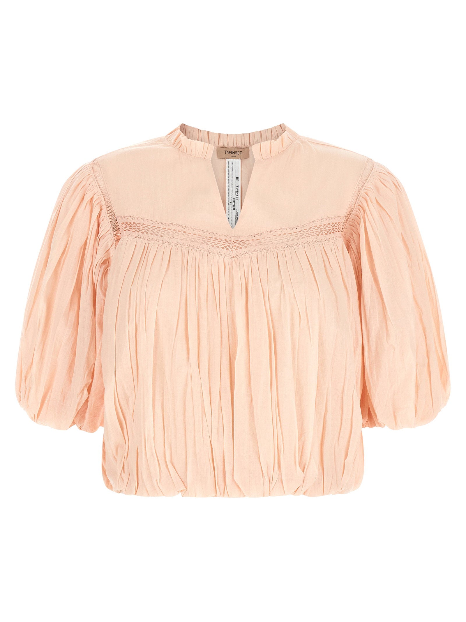 Crinkled Cotton with Lace Insert Blouse — Peach