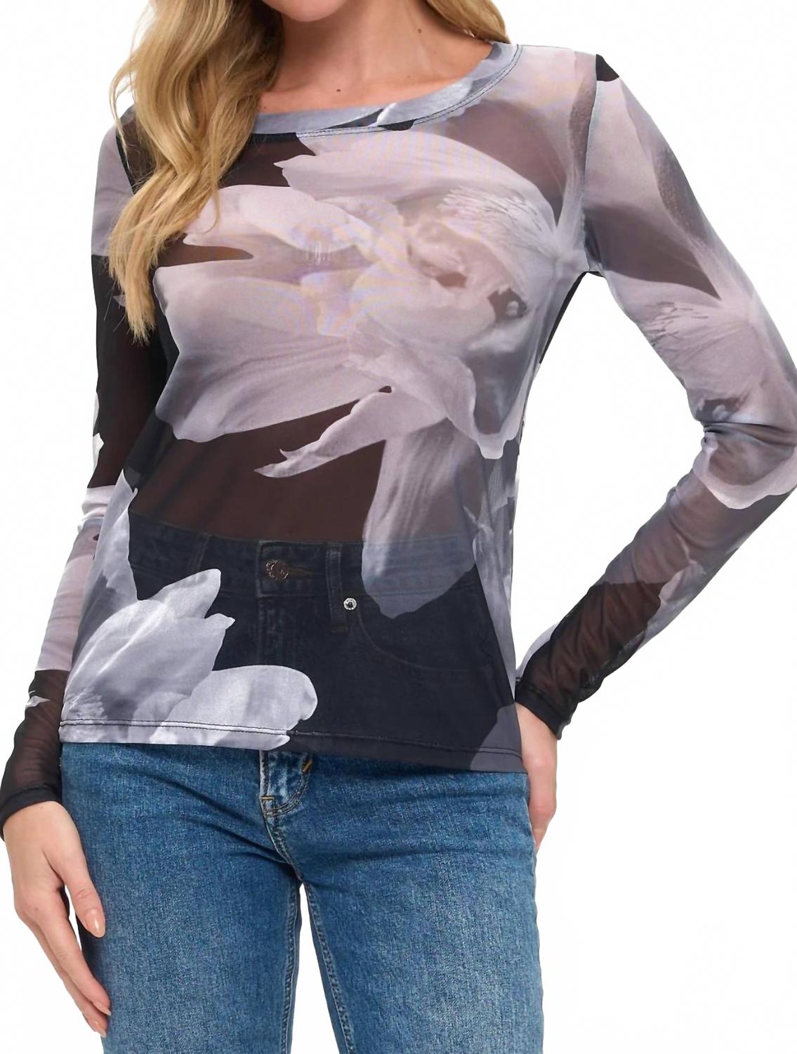 Floral Mesh Long Sleeve Top In Grey