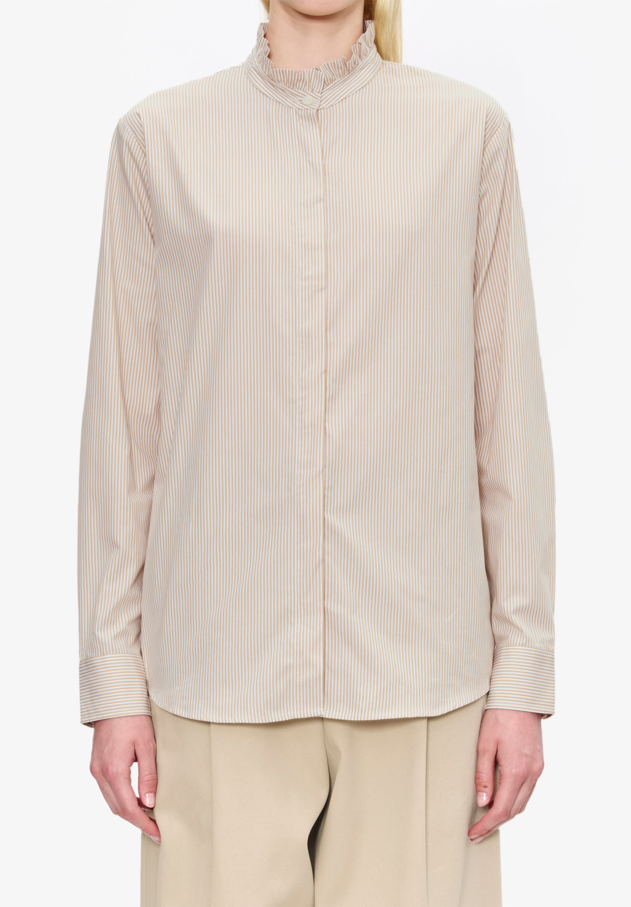 A. P.C. Women's Striped blouse with ruffled collar Size: 34 in Beige