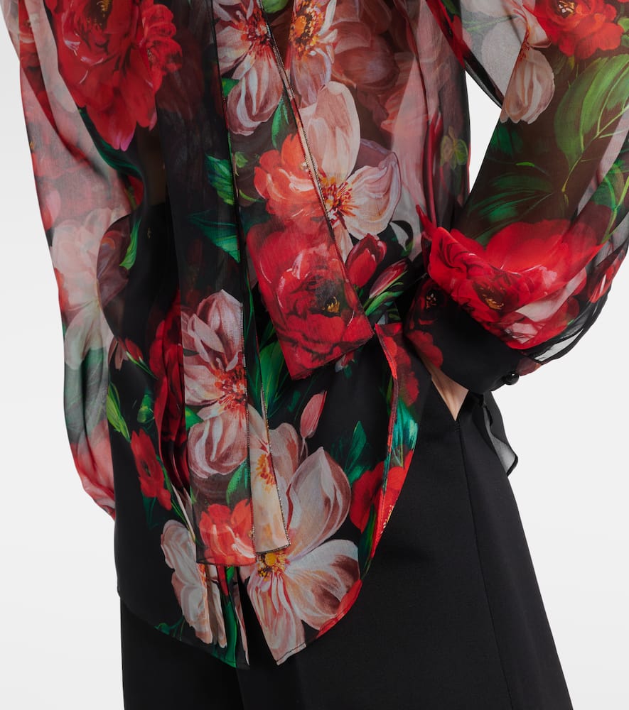 Floral tie-neck silk organza shirt
