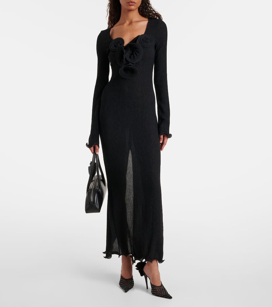 Floral-appliqués sheer maxi dress