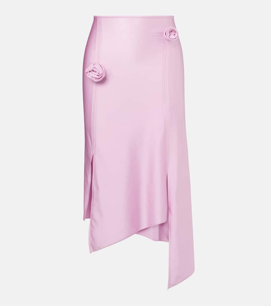 Floral-appliqué satin midi skirt