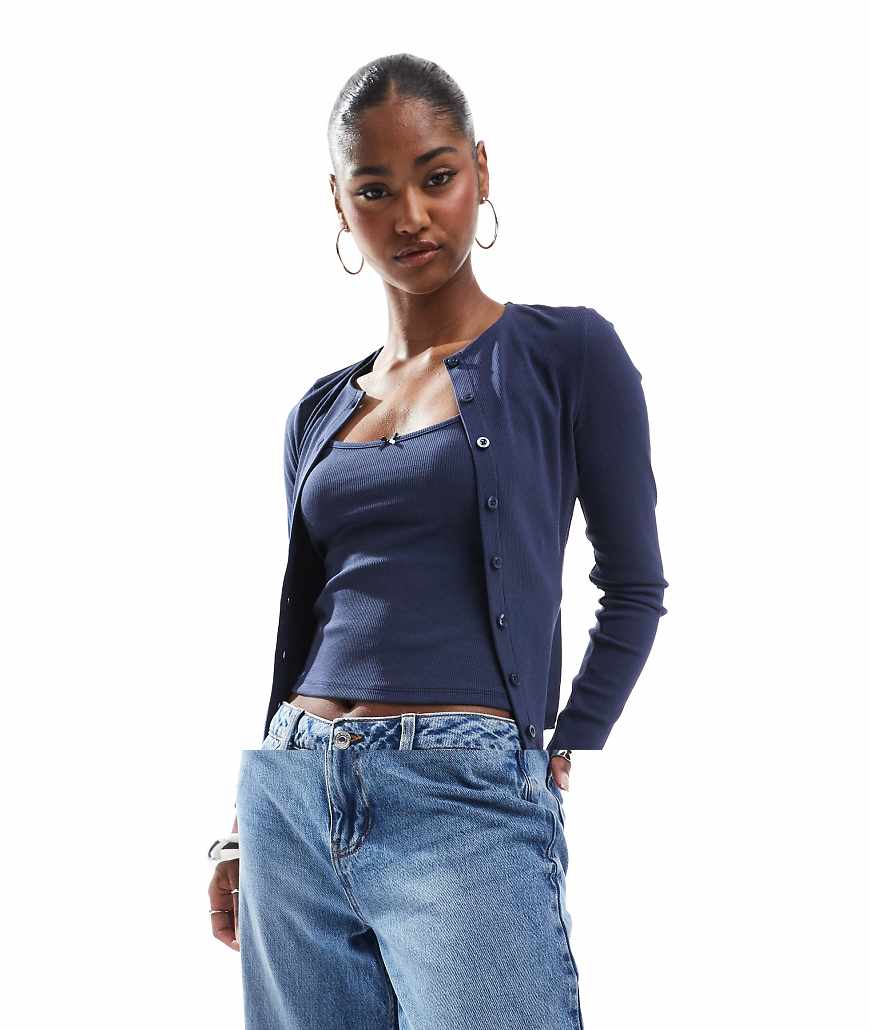 Ribbed cardigan and cami set in navy