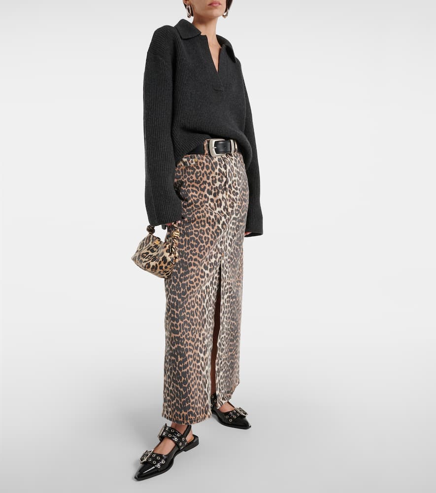 Leopard-print denim maxi skirt