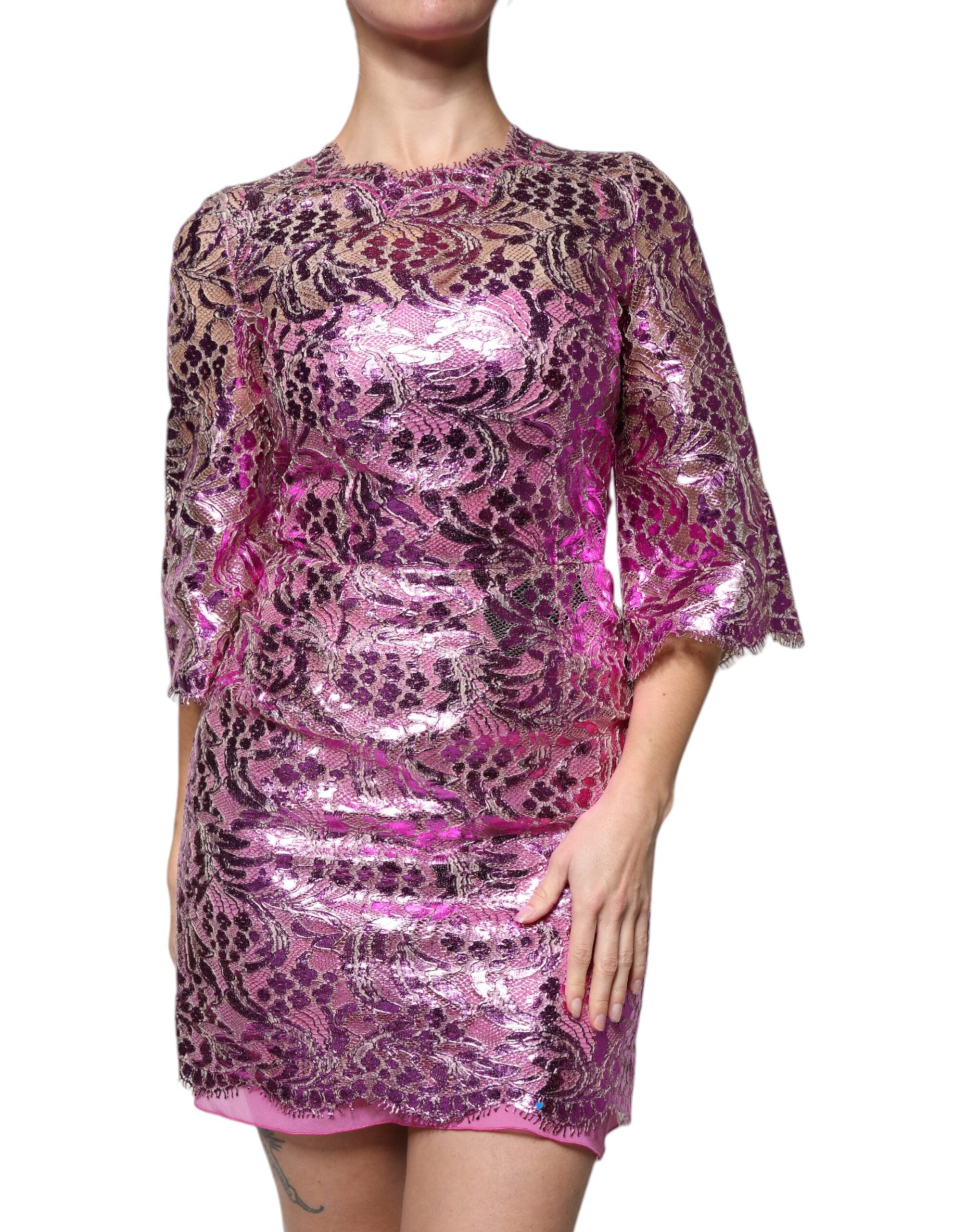 Metallic Floral Lace Dress — Fuchsia