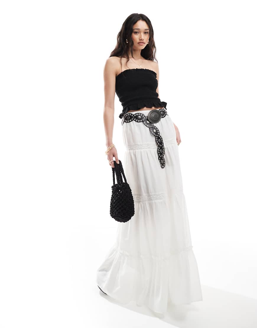 Lace insert tiered boho maxi skirt in white