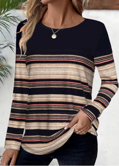 Modlily Black Striped Long Sleeve Round Neck T Shirt