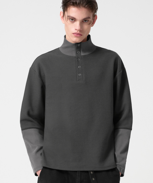 Waffle Ring Snap Collar Henley Neck Long Sleeve_Charcoal