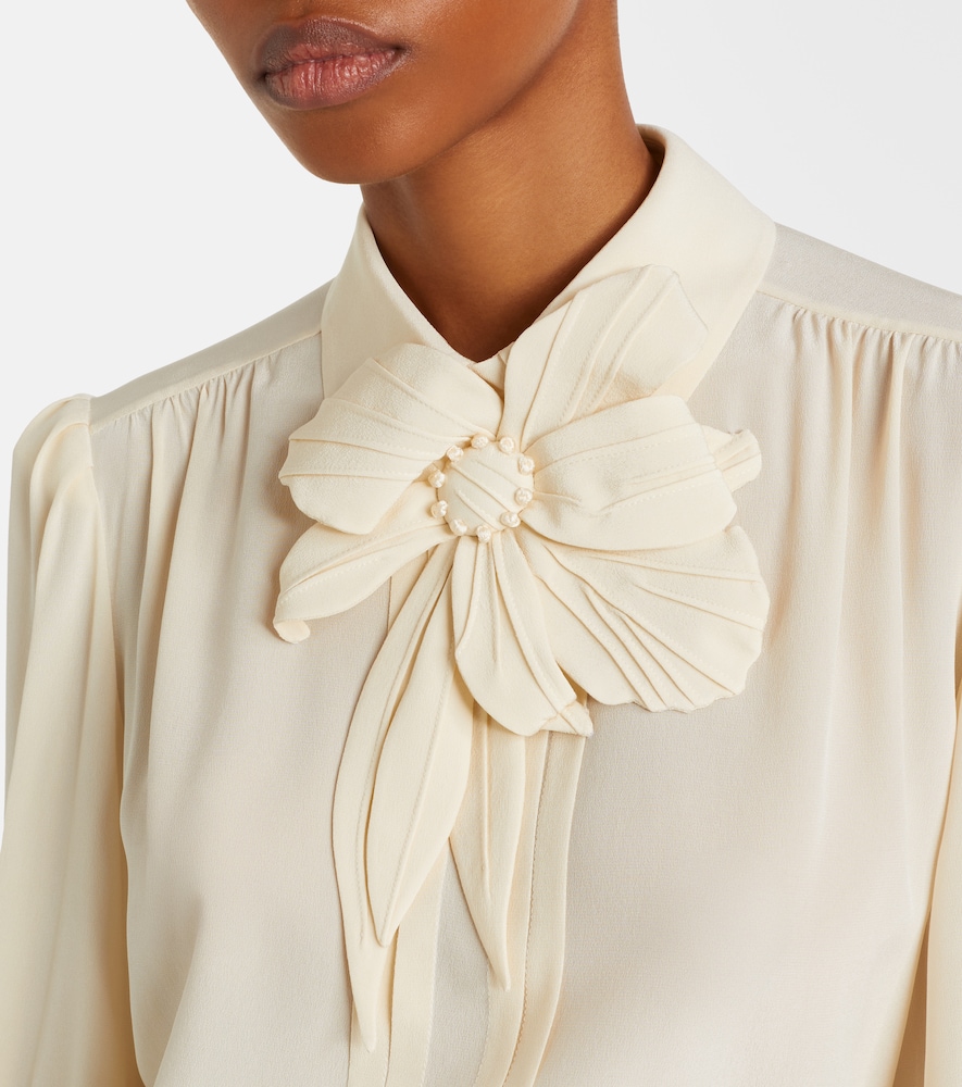 Floral-appliqué silk crêpe de chine blouse