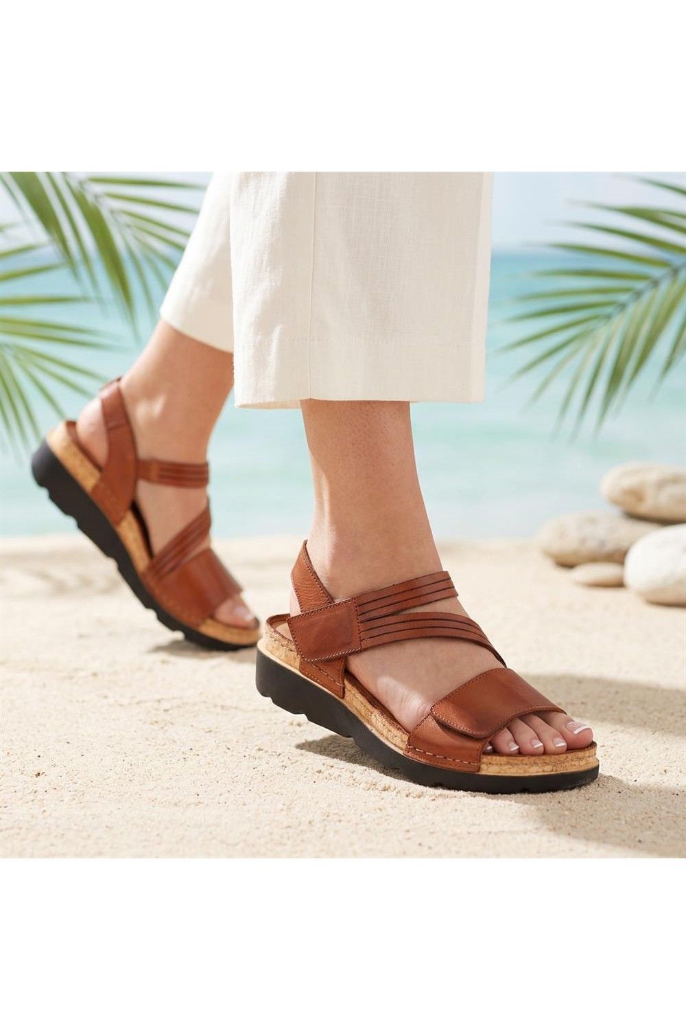 Pavers Women's Adjustable Fasten Leather Sandals in Tan