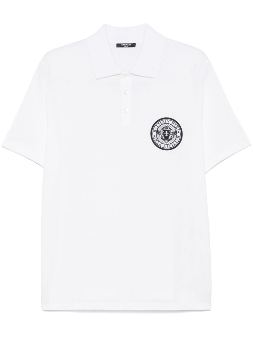 White Polo Shirt With Collar And Coin Print On The Front In Cotton Man