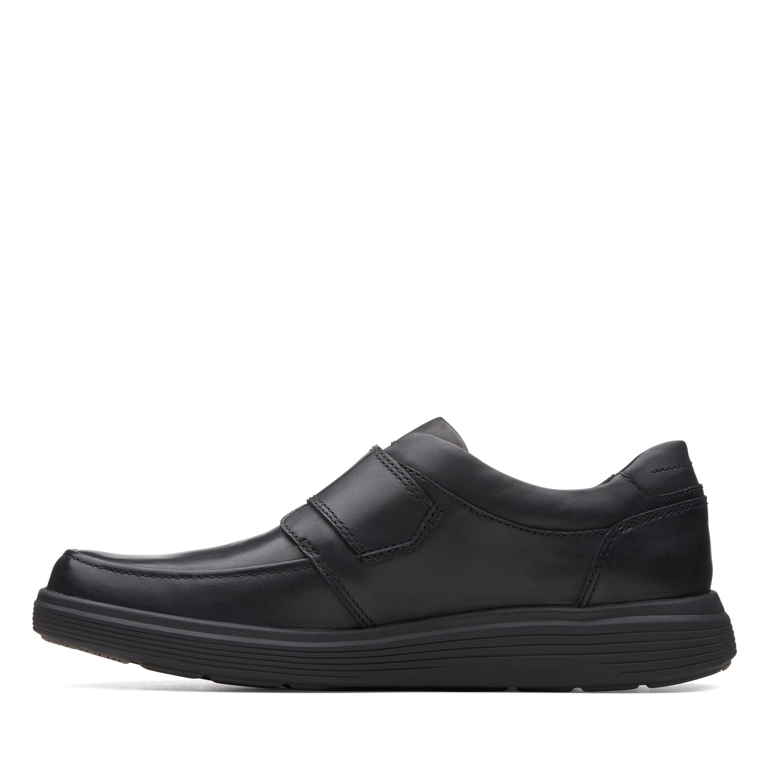 Clarks Men's Un Abode Strap Loafer Black Leather Loafers, Riptape | : 8.5/Wide Fit