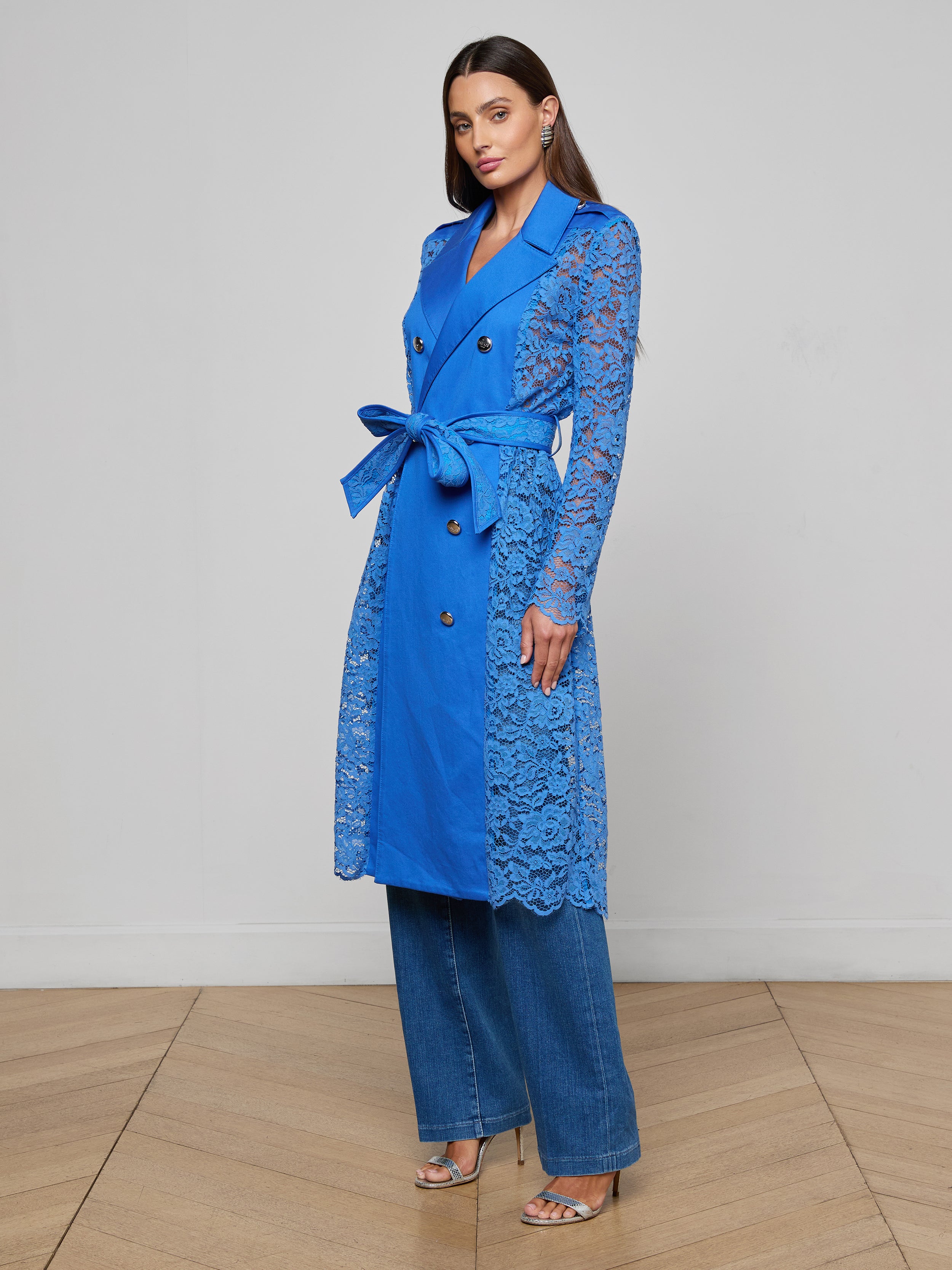 Amata Lace Trench Coat In Regatta Blue