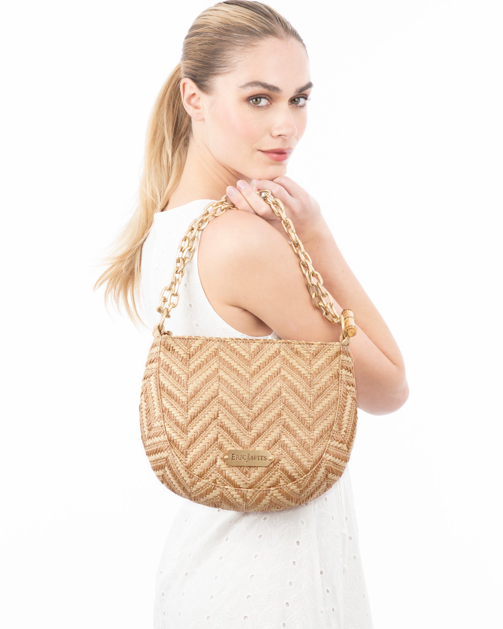 Chain Pouch Raffia - Black Mix, Zip Top Closure, Adjustable Chain Handle, Durable Canvas Lining, Phone and Sunglasses Pocket