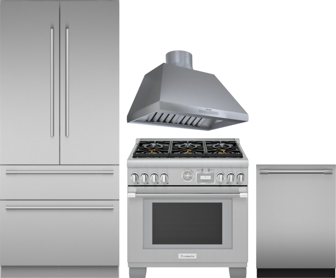 Thermador 4 Piece Kitchen Appliances Package with French Door Refrigerator, Dual Fuel Range and Dishwasher in Stainless Steel THRERADWRH