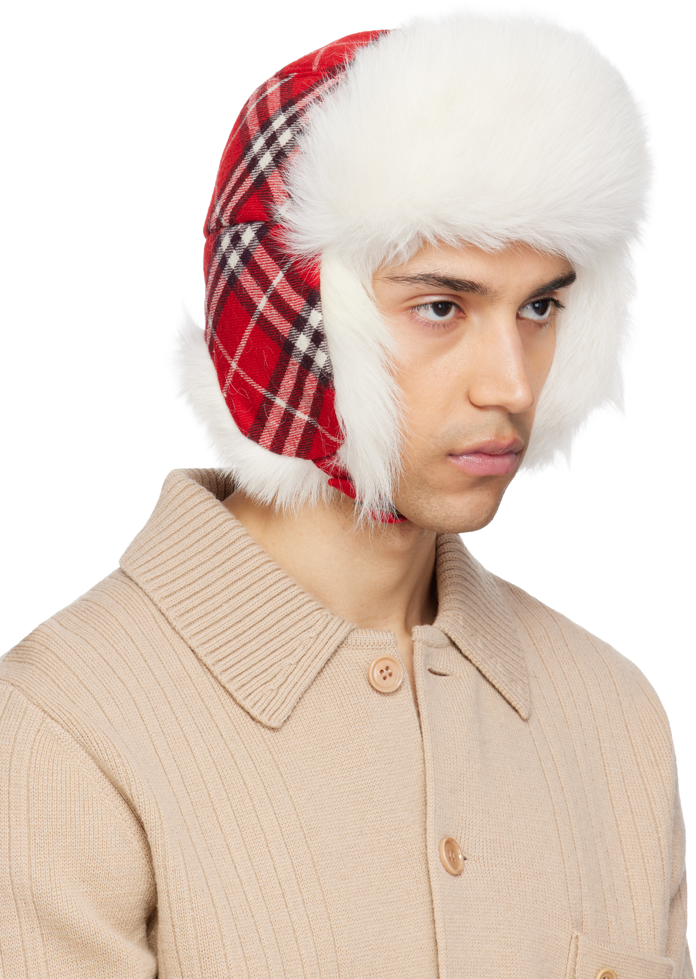 Red & Off-White Check Wool Trapper Hat