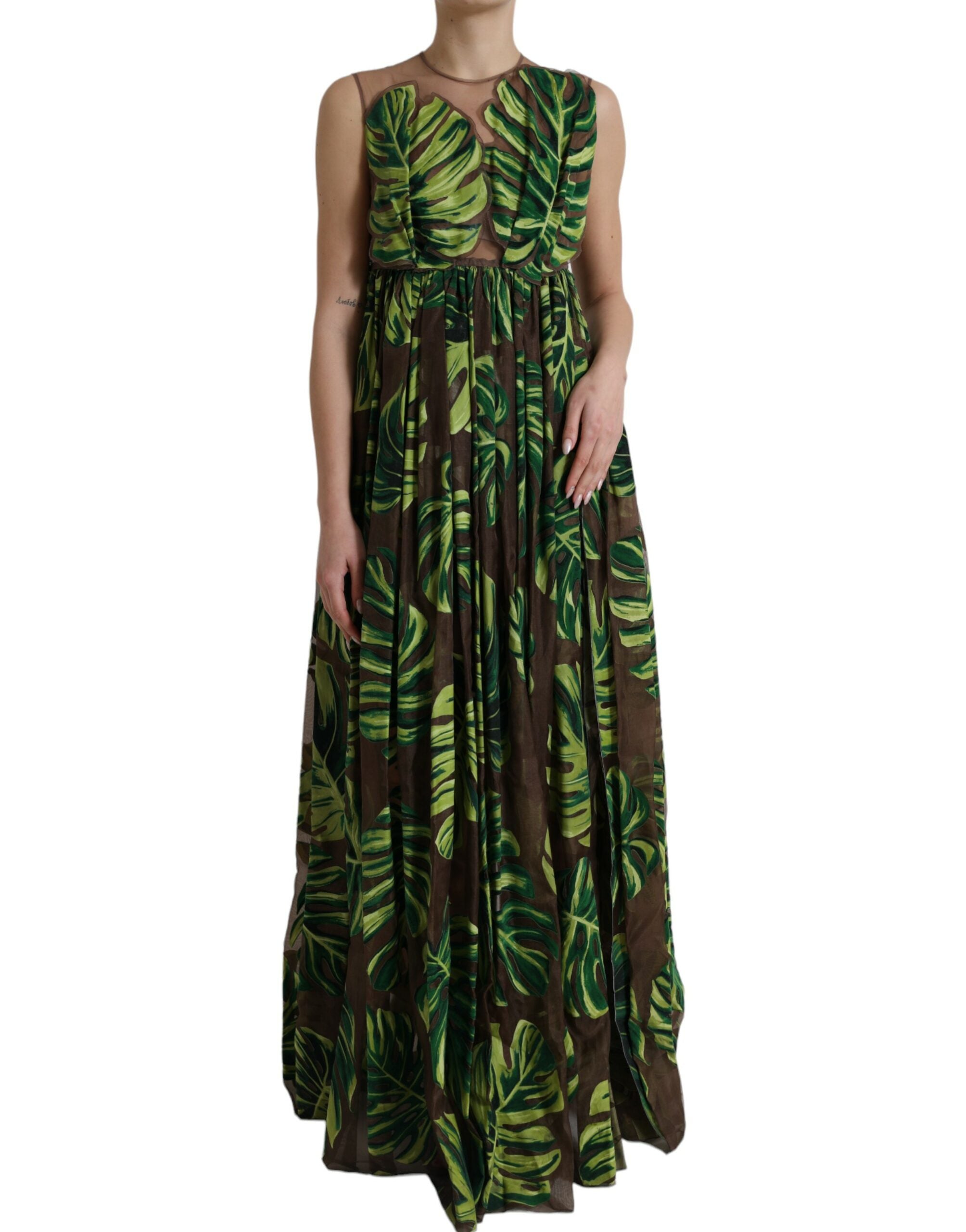 Banana Leaf Print Silk Dress — Green