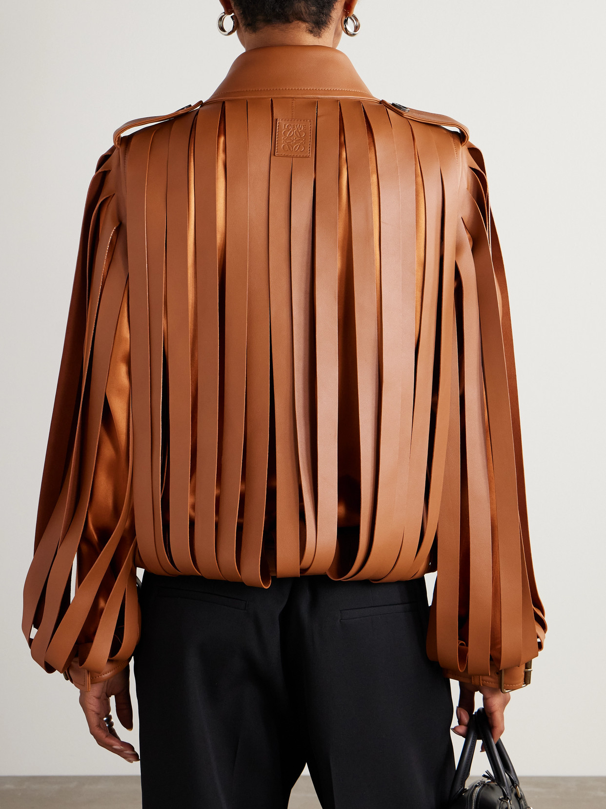 Layered Cutout Leather And Silk-satin Jacket - Brown