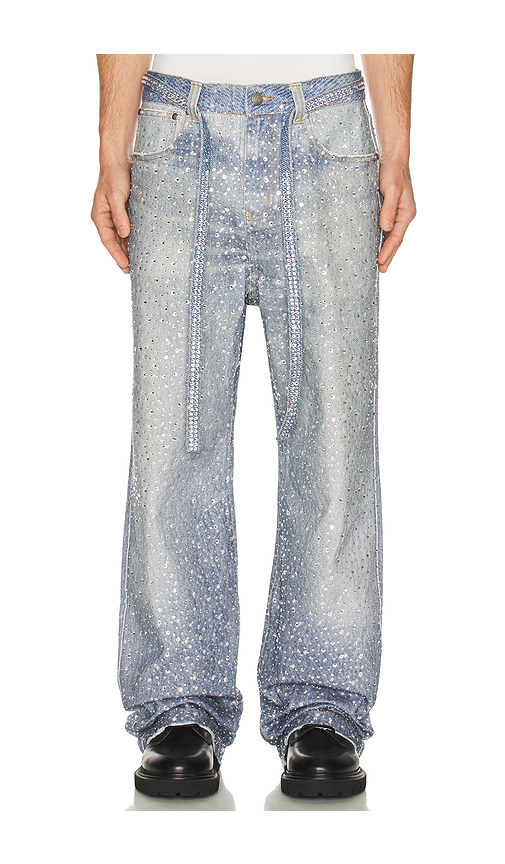 Birth Of Royal Child 3D Printing Washed 20K Swarovski Diamond Boro Pants in Blue. - S also in M, L, XL/1X