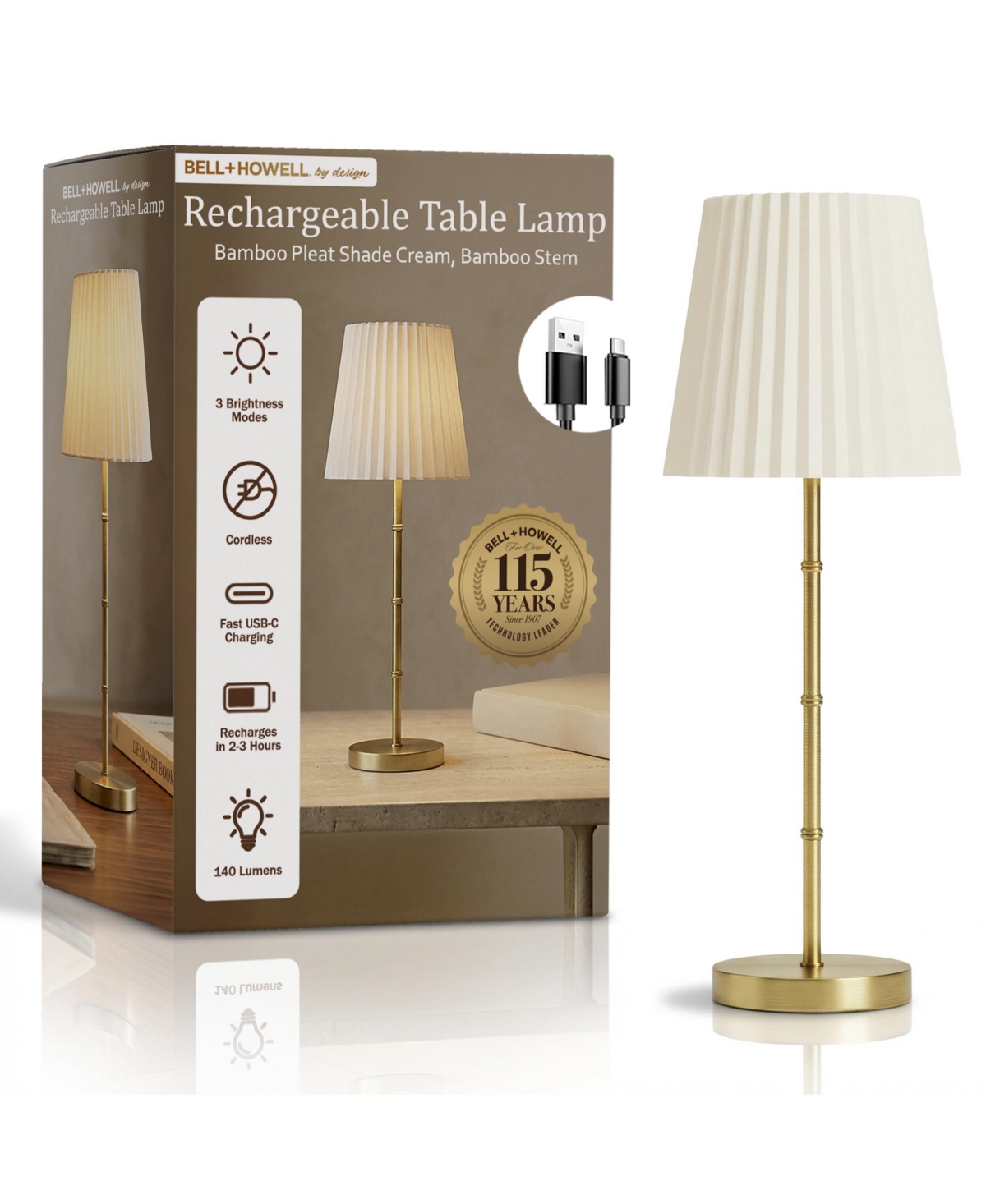 Bamboo Stem Pleat Shade Rechargeable Touch Control Led Dimmable Cordless Table Lamp - Cream