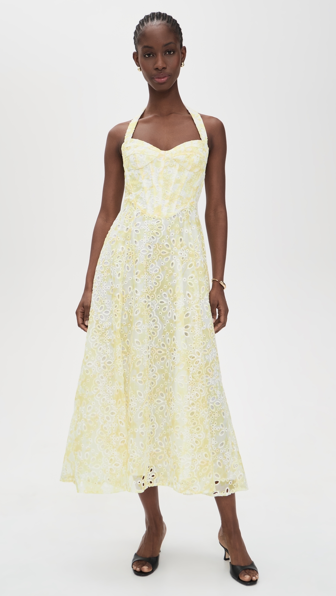 Pollie Halter Midi Dress Yellow Floral
