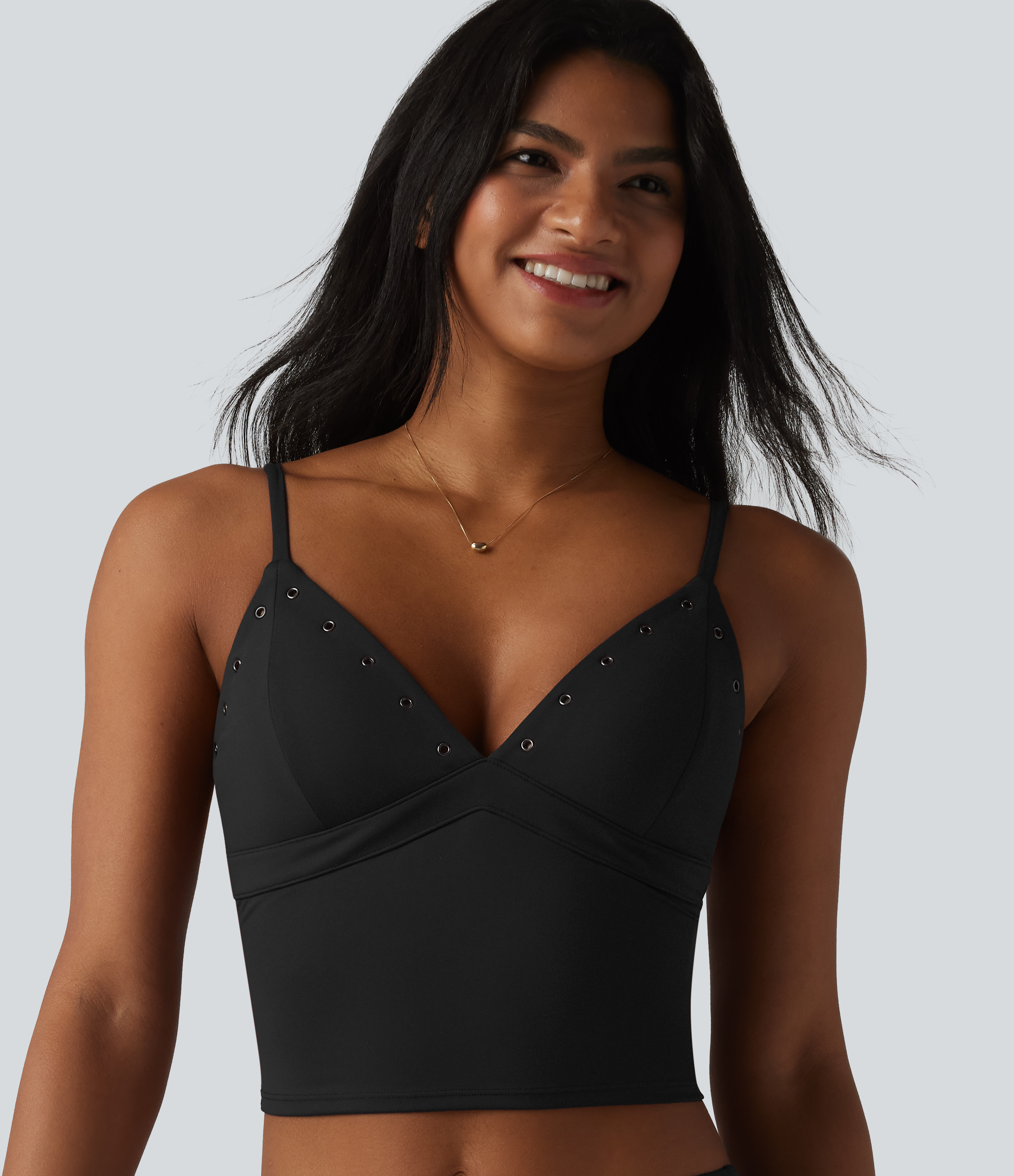 SoftlyZero™ Airy Adjustable Straps Eyelet Built-in Bra Cropped Cool Touch Casual Tank Top  - Black