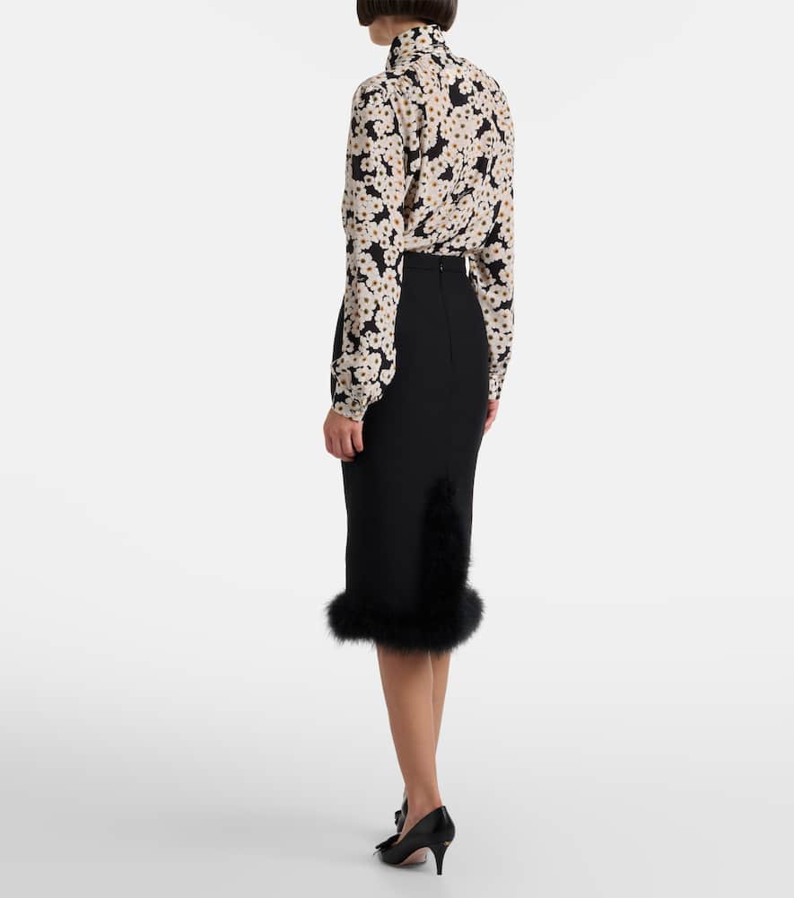 Feather-trimmed wool and silk Crepe Couture midi skirt