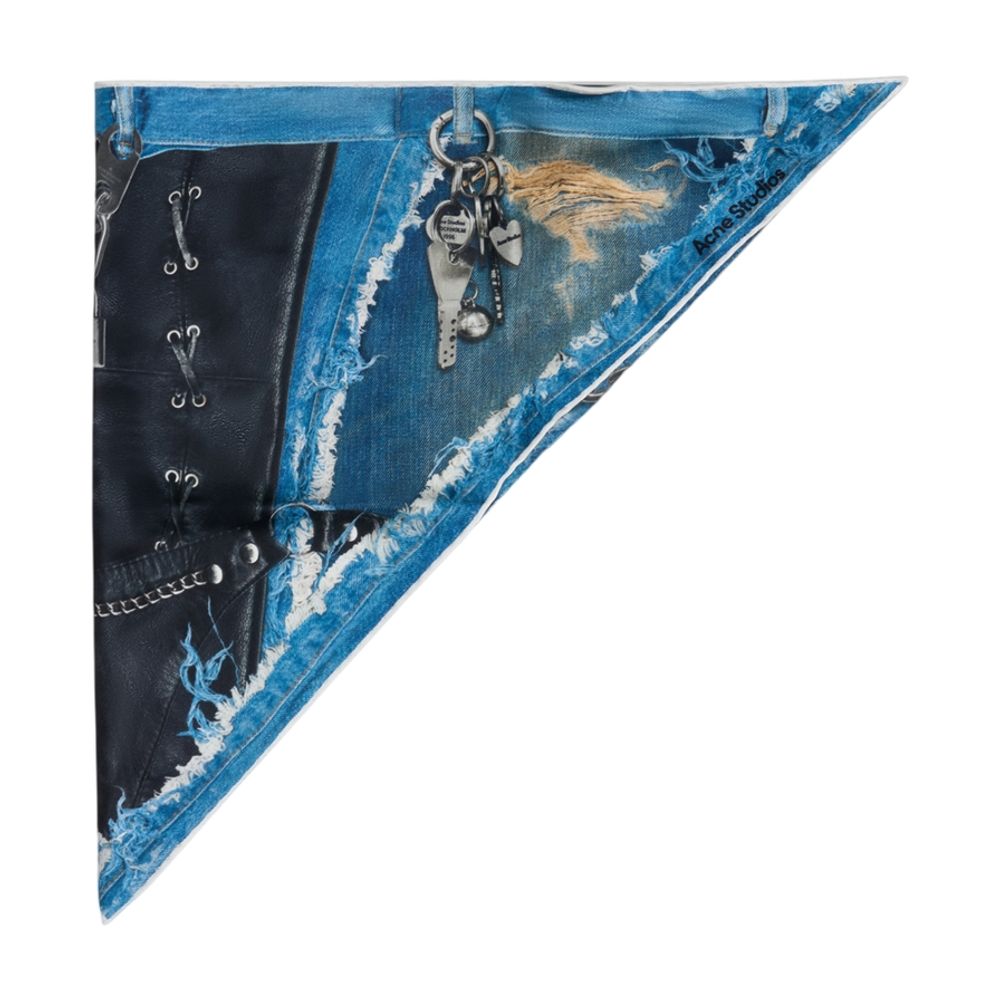 Distressed Denim & Leather Silk Scarf — Multicolor