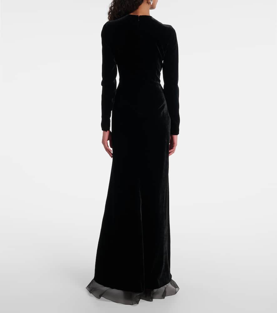 Ruched silk-trimmed asymmetric velvet gown