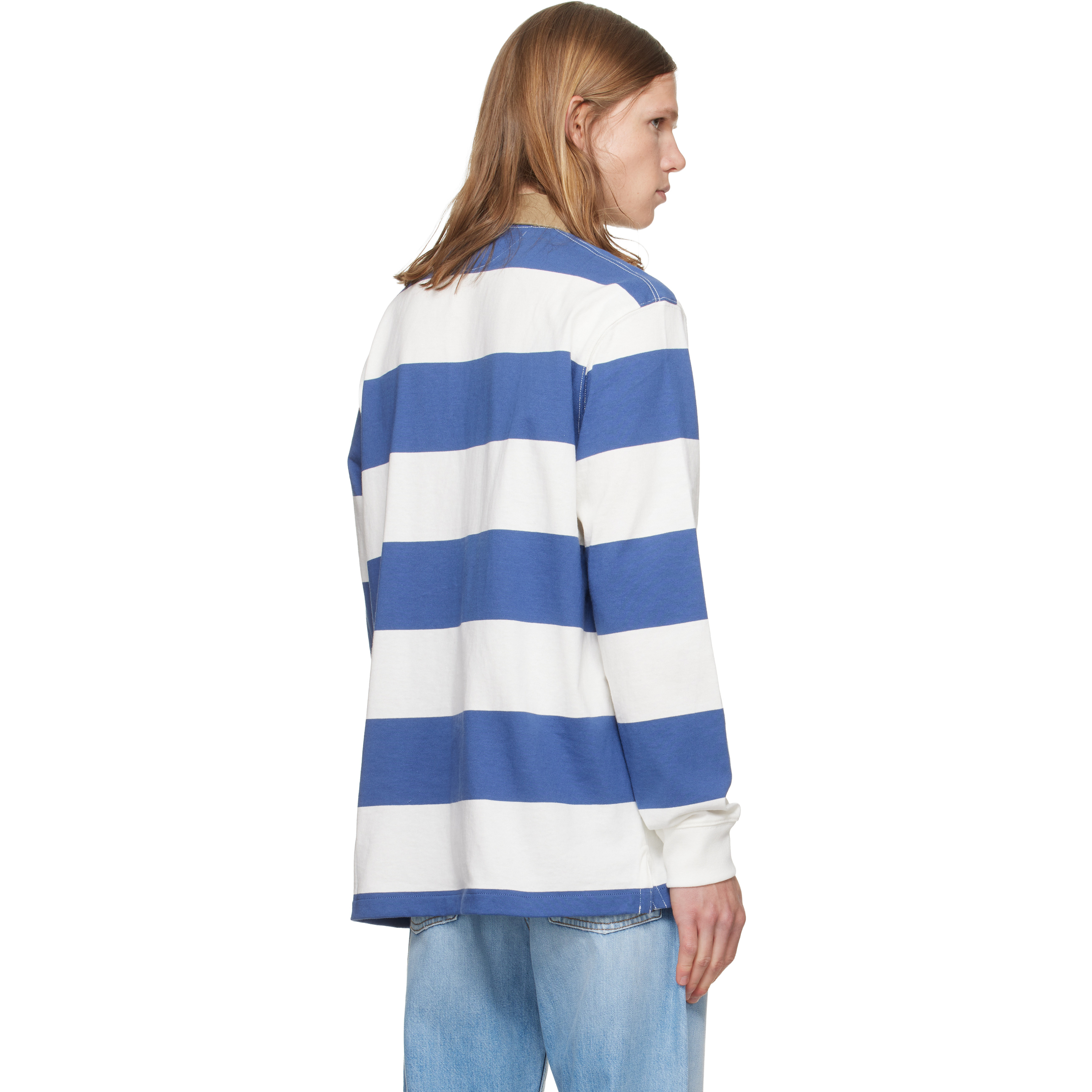White & Navy Classic Fit Khaki-Collar Rugby Shirt