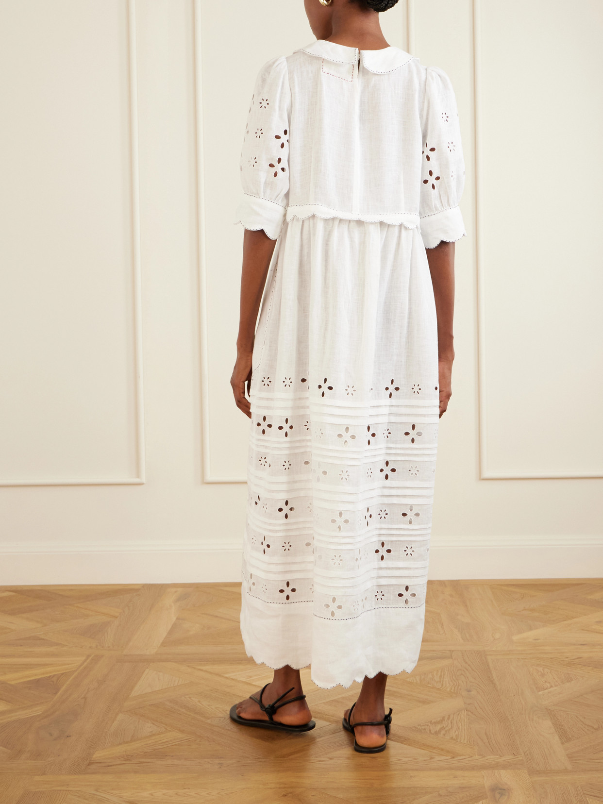 Bari Tie-detailed Broderie Anglaise-trimmed Linen Midi Dress - White
