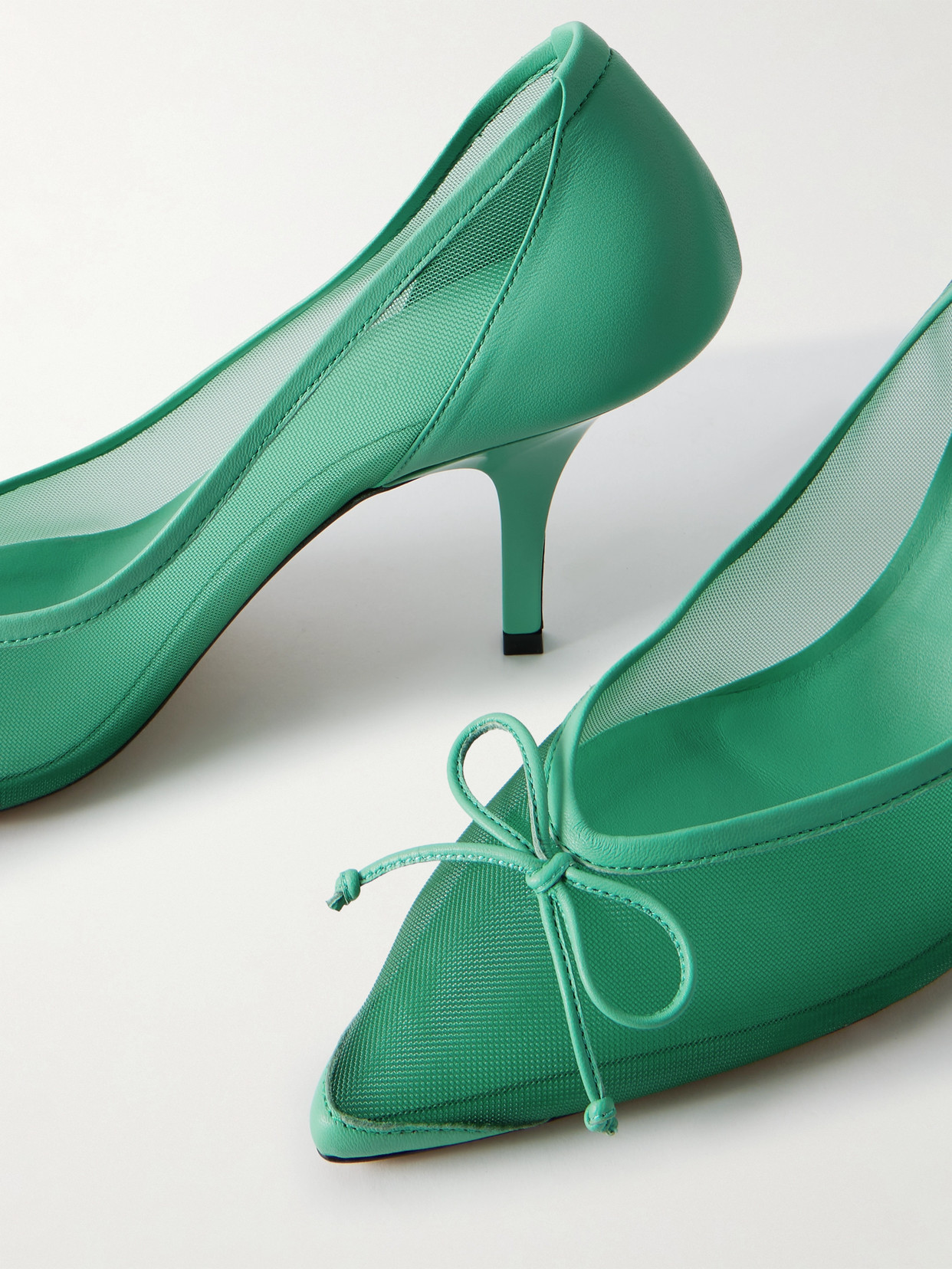 The Tourni Bow-detailed Leather-trimmed Mesh Pumps - Green