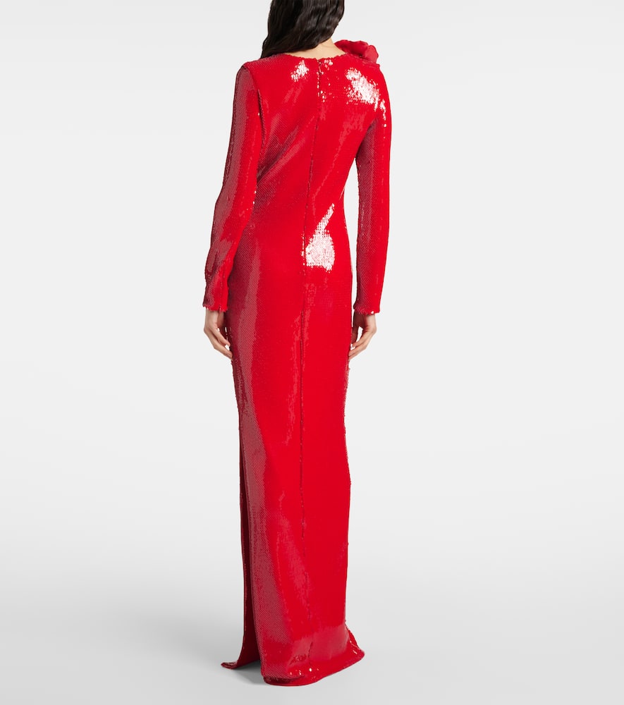Floral-appliqué sequined gown