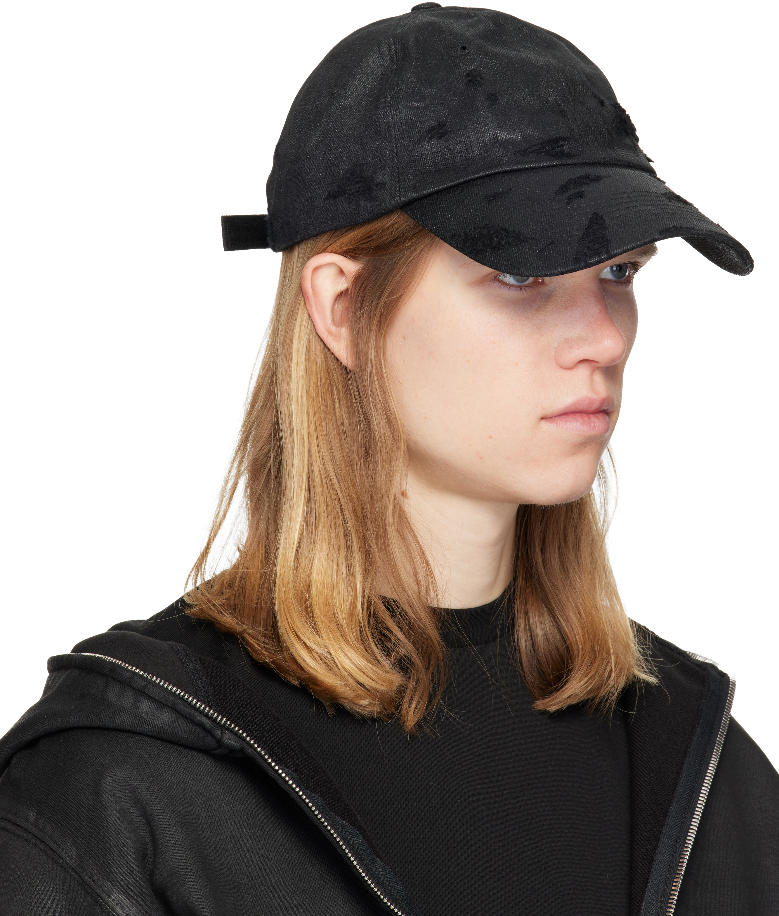 Black Distressed Waxed Denim Cap