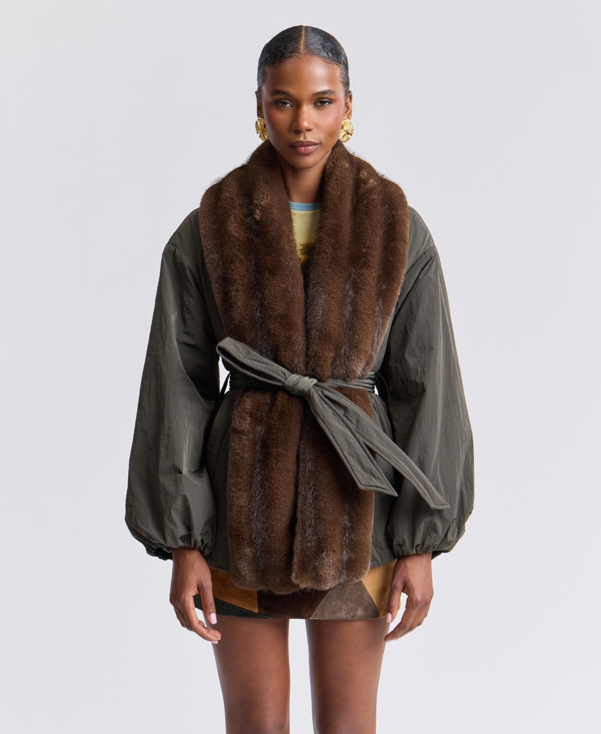 Women's Belted Faux-Fur-Trim Shawl Collar Puffer Jacket - Dark Forest Mink