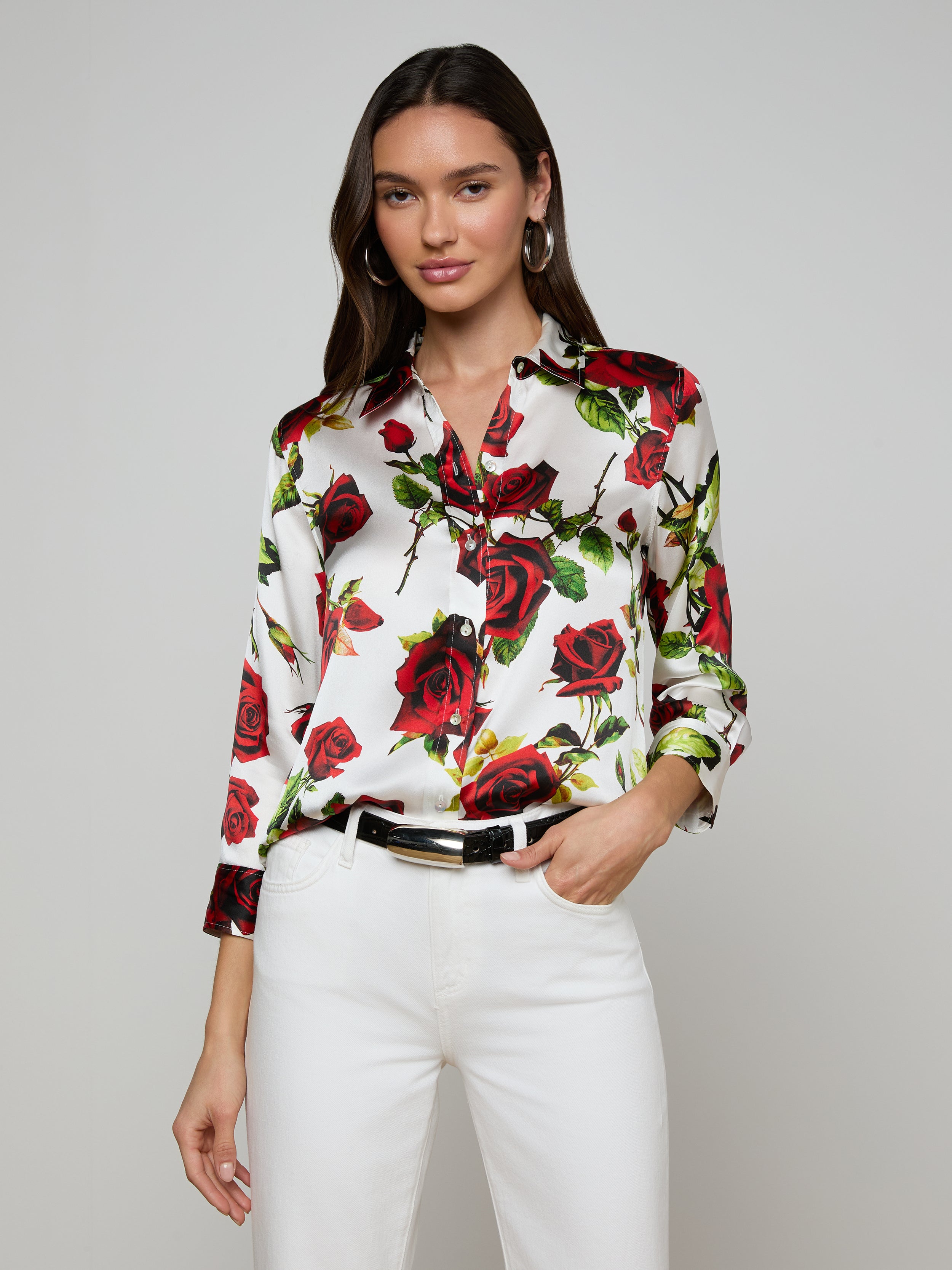 Dani Silk Blouse Top In White/red Romantic Rose
