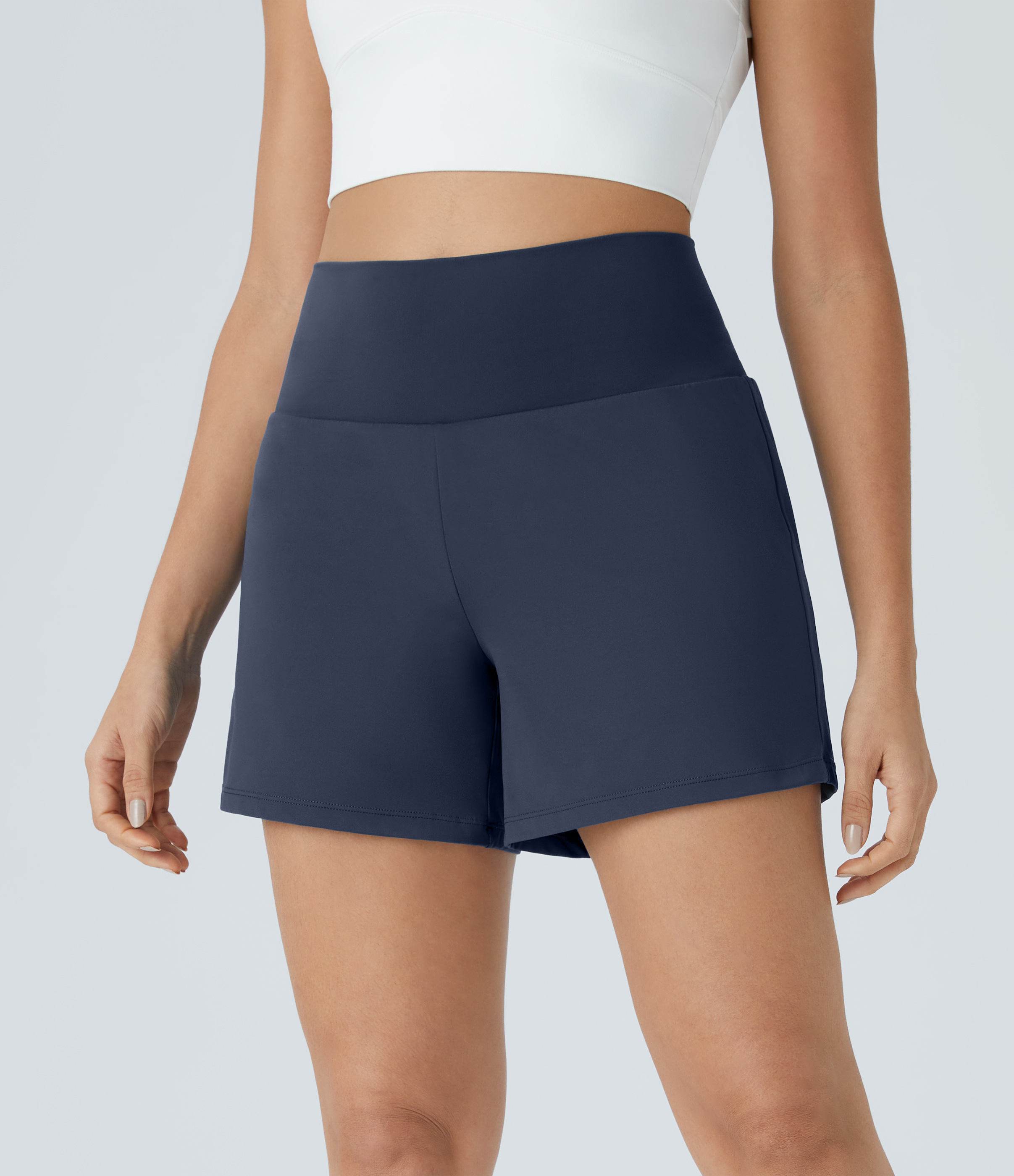 Super High Waisted Pocket & Pocket 2-in-1 Yoga Shorts 5''-Longer Length Gym Short - Mood Indigo