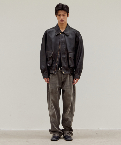 Washing Leather Real Pocket Bomber Jacket_Brown