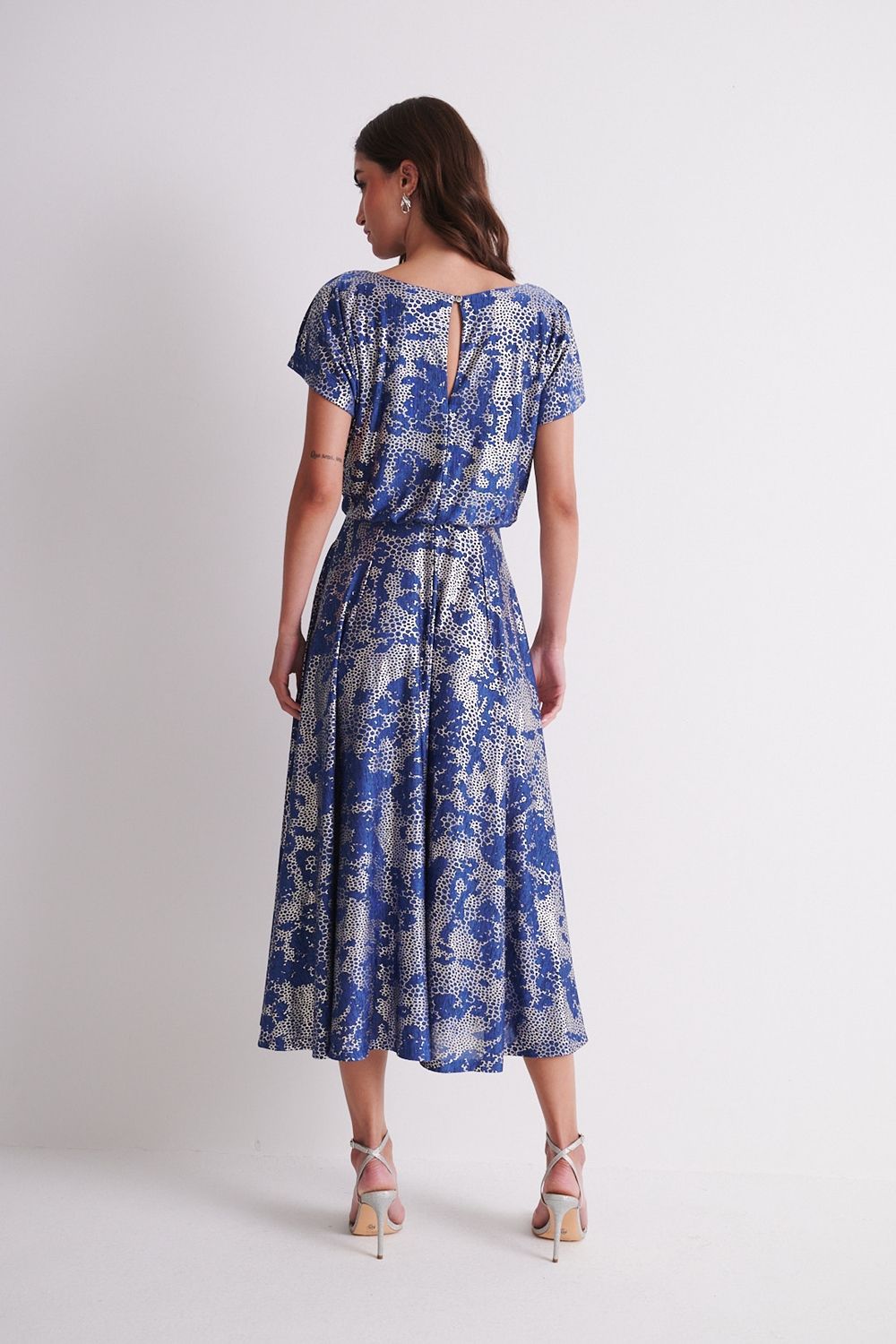 Klass. Foil Printed Midi Dress In Blue